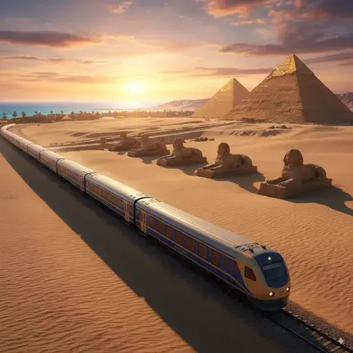 Egyptian train traveling from Alexandria's Mediterranean coast to Luxor's Valley of the Kings, with pyramids and sphinx statues visible in the desert landscape