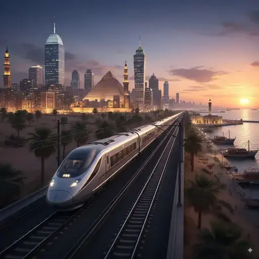 Modern Egyptian train speeding from Cairo's bustling cityscape to Alexandria's historic harbor, with the Mediterranean Sea in the distance