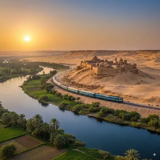 Southern Egyptian train route from Cairo to Assiut, featuring Upper Egypt's desert scenery, ancient Coptic monasteries, and Nile River views