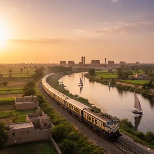 A scenic train journey along the Nile River from Cairo to Aswan, showing the train passing through lush green landscapes and ancient temples in the background, golden hour lighting