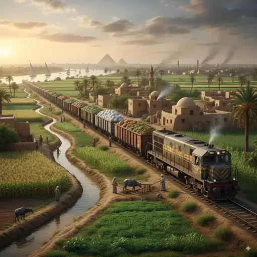 Agricultural train journey from Cairo to Minya, passing through fertile Nile Delta farmlands with traditional Egyptian villages and irrigation canals