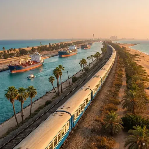 Coastal train journey from Cairo to Port Said, featuring the Suez Canal, cargo ships, and the Red Sea coastline with palm trees