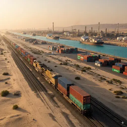 Industrial train route from Cairo to Suez, showing the Suez Canal zone with shipping containers, refineries, and desert landscapes
